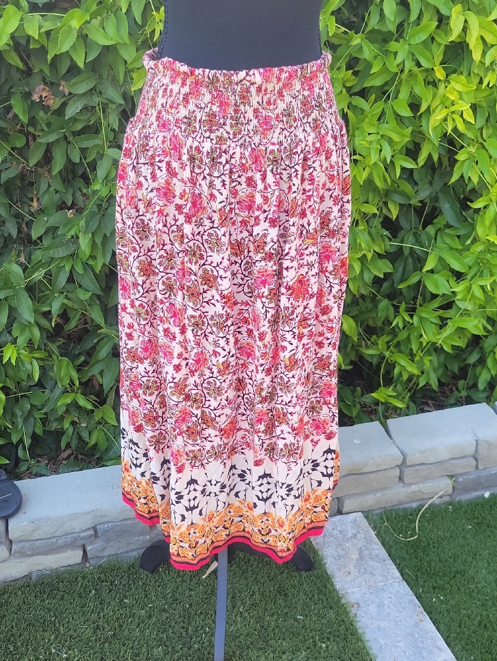 Nicole Miller Pink Floral Boho Western Midi Skirt with Tassel Drawstring